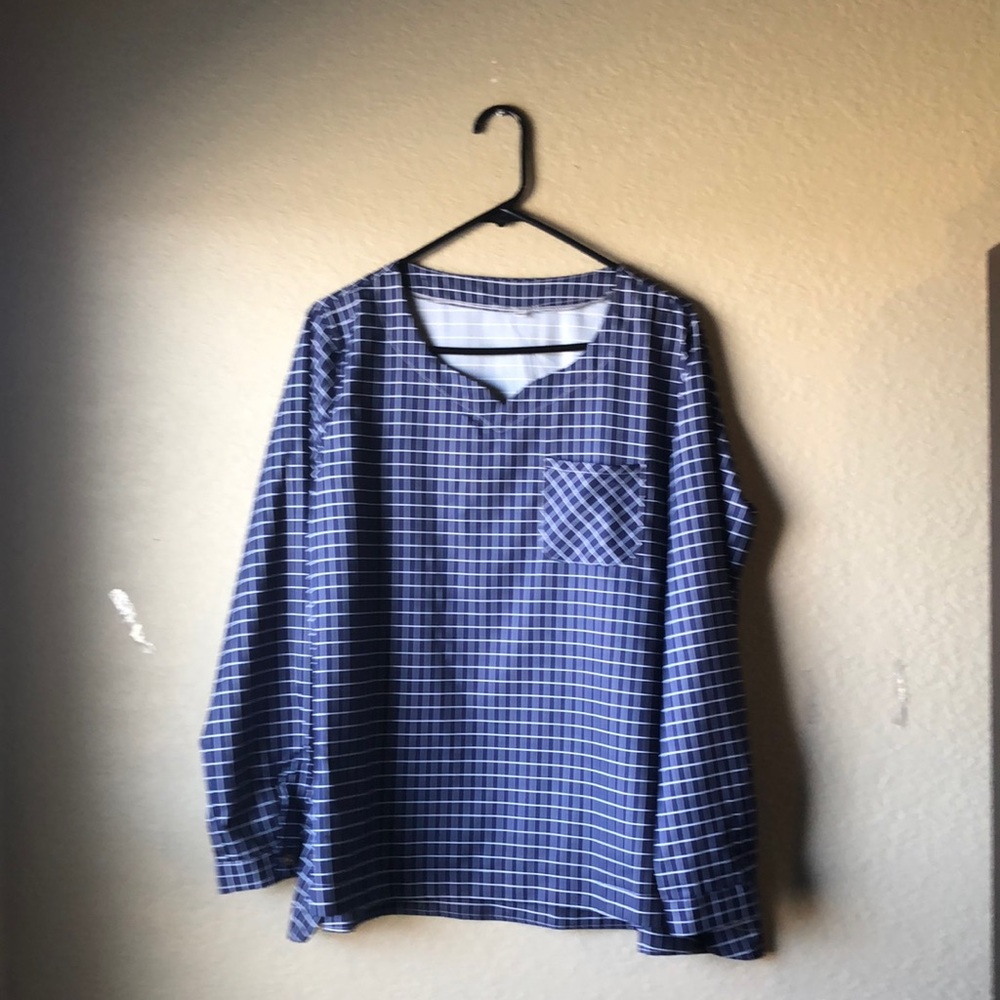 Women’s Top Blue Grid Pattern Long Sleeve V-Nexk Blouse Shirt Top Size XXL